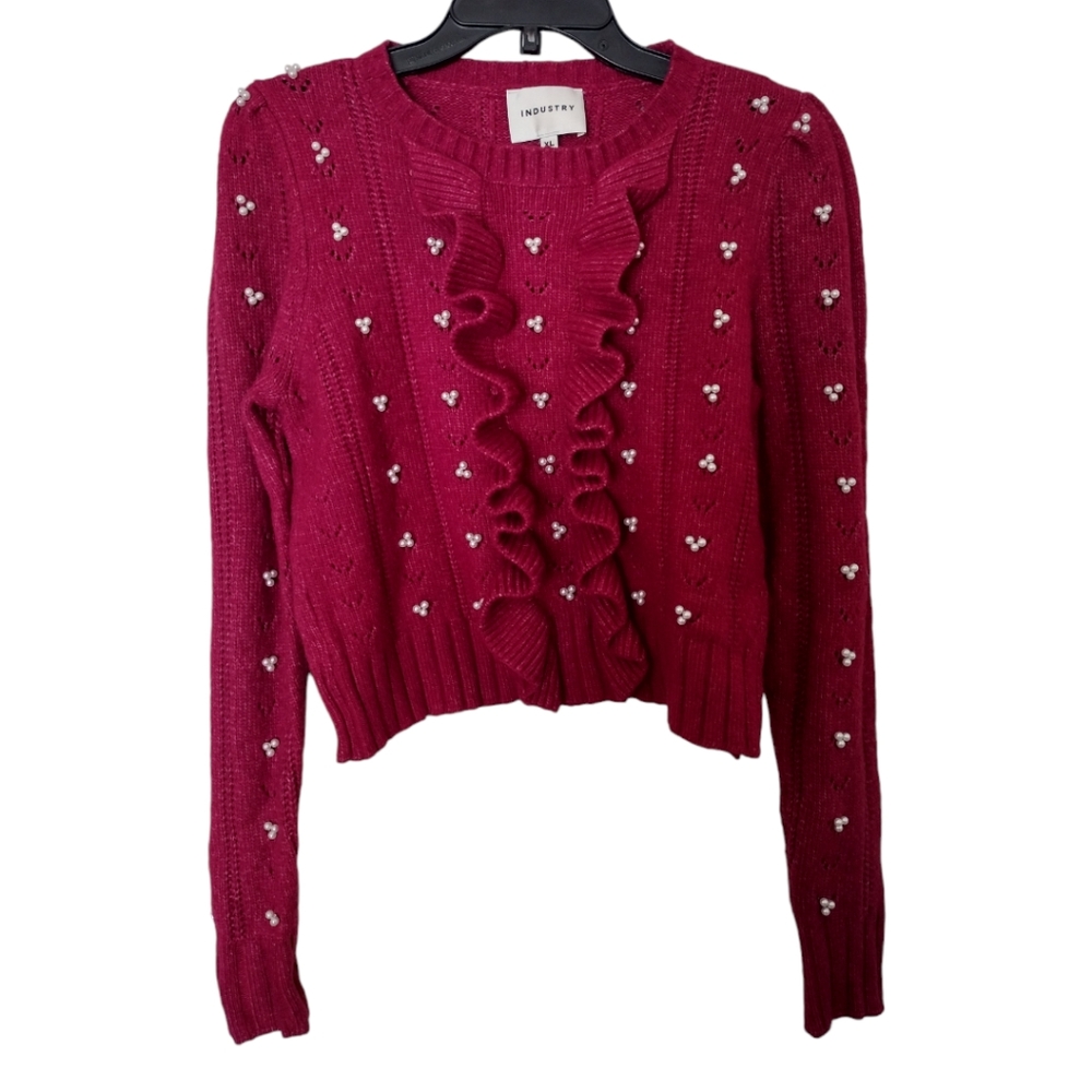 Industry ruffle beaded cranberry color short sweater size XL